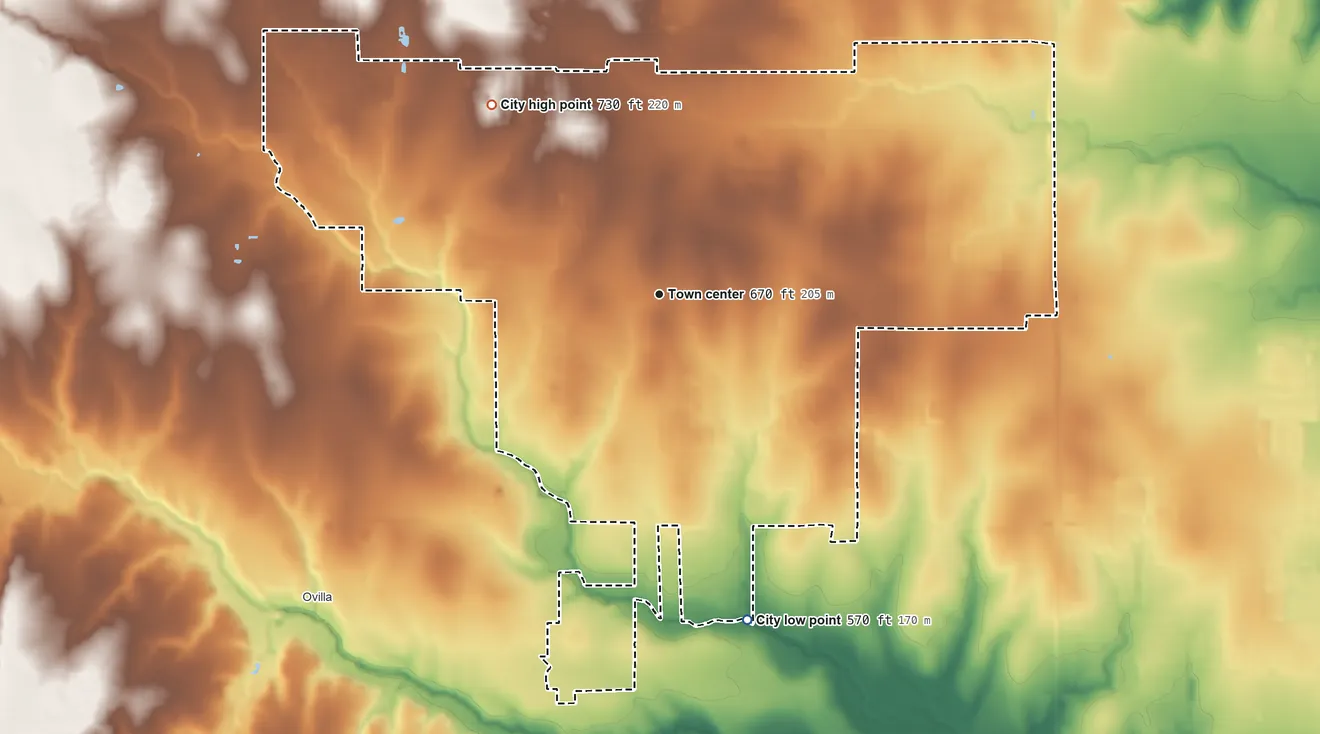 Topographic elevation map of Glenn Heights, Texas, shaded from 570 ft on the south side to 730 ft on the northwest side
