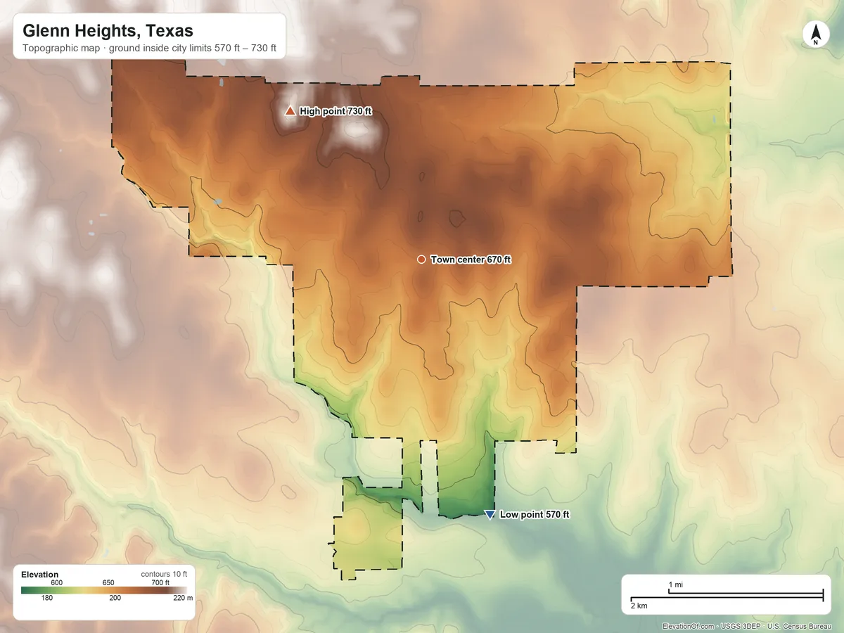 Topographic elevation map of Glenn Heights, Texas, shaded from 570 ft on the south side to 730 ft on the northwest side