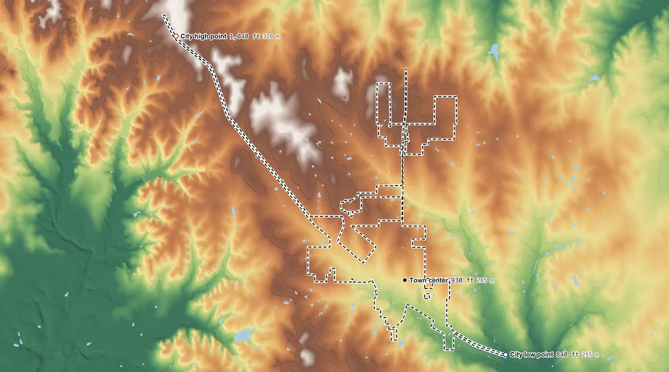 Topographic elevation map of Godley, Texas, shaded from 840 ft on the southeast side to 1,040 ft on the northwest side