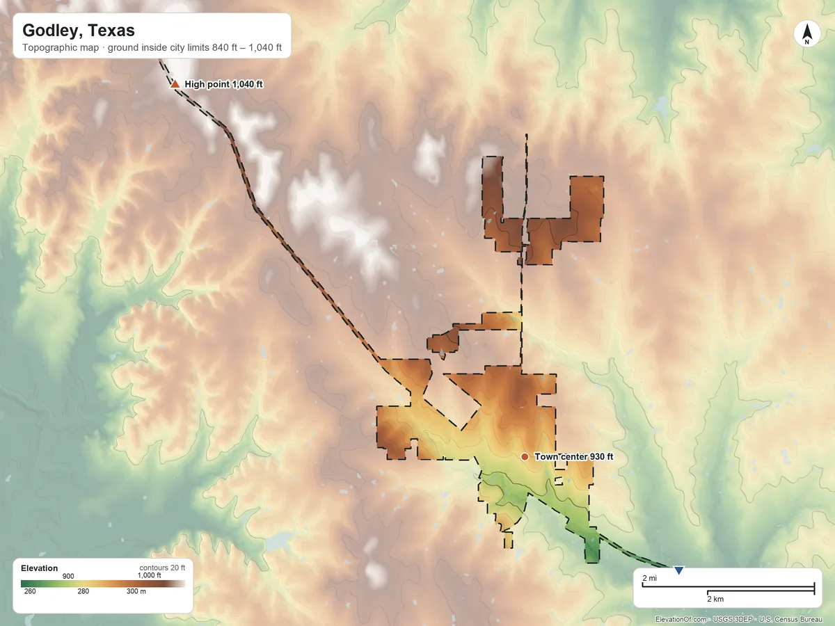 Topographic elevation map of Godley, Texas, shaded from 840 ft on the southeast side to 1,040 ft on the northwest side