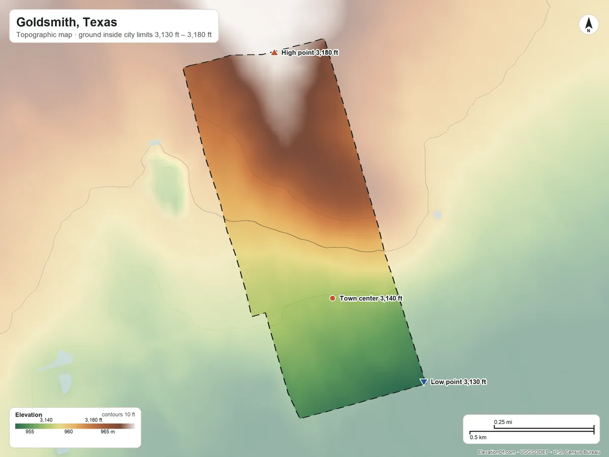 Topographic elevation map of Goldsmith, Texas, shaded from 3,130 ft on the southeast side to 3,180 ft on the north side