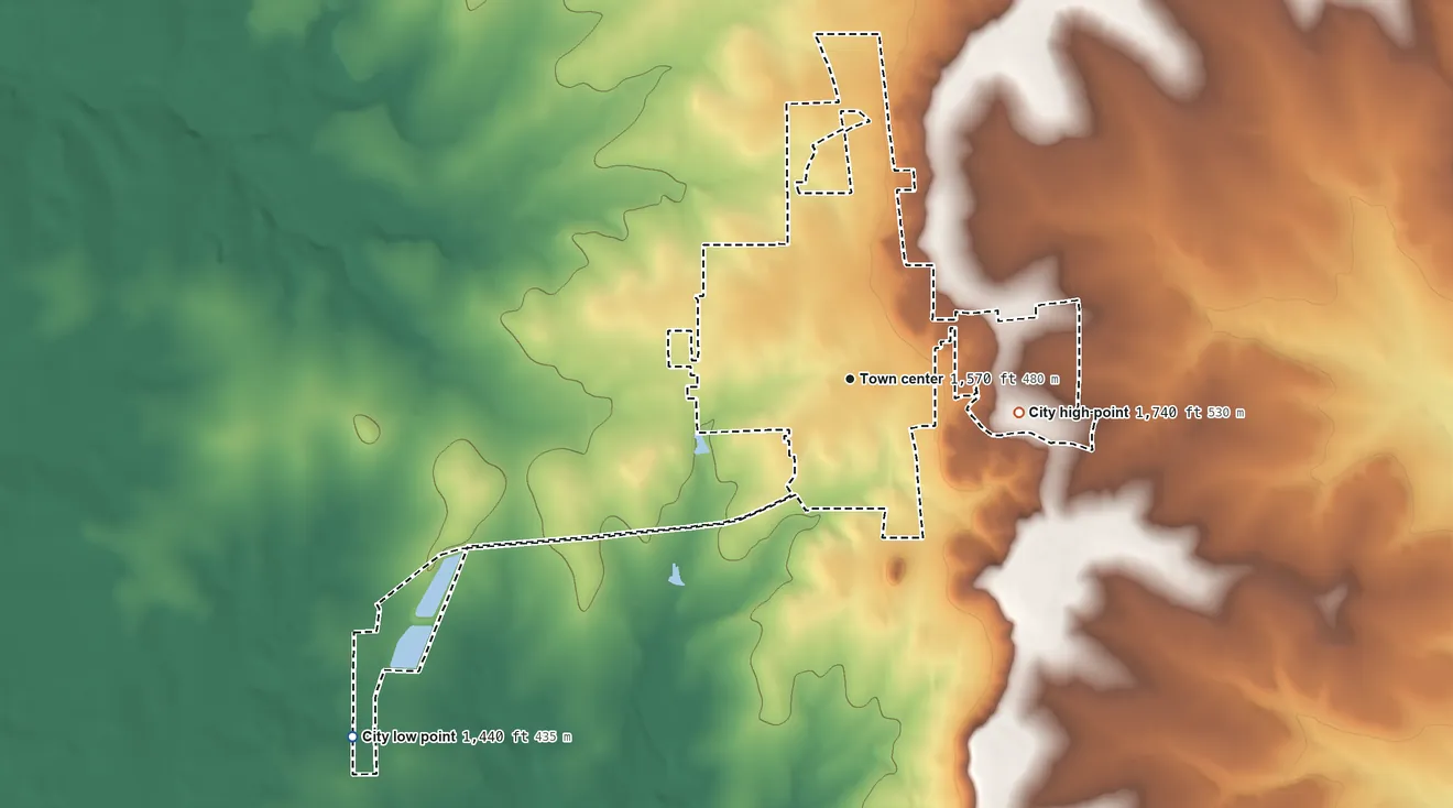 Topographic elevation map of Goldthwaite, Texas, shaded from 1,440 ft on the southwest side to 1,740 ft on the east side