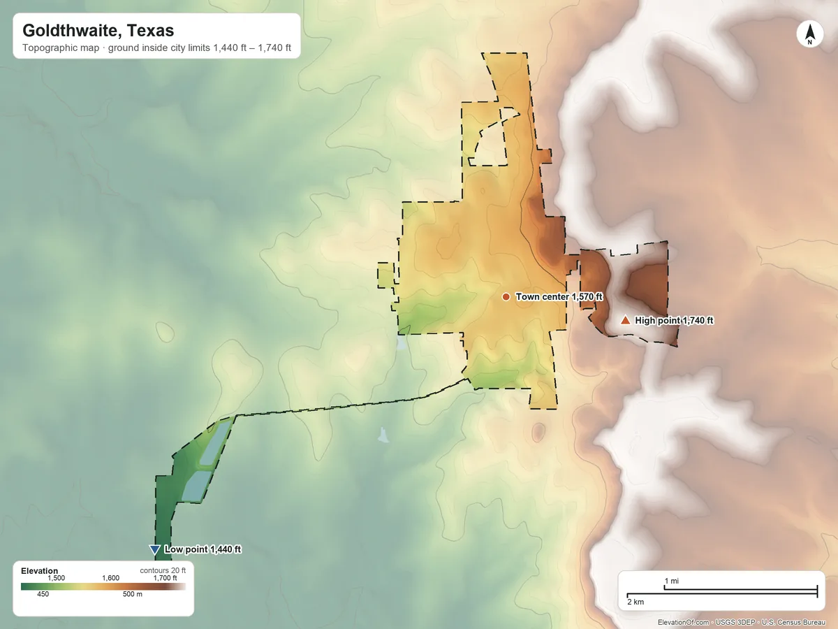 Topographic elevation map of Goldthwaite, Texas, shaded from 1,440 ft on the southwest side to 1,740 ft on the east side