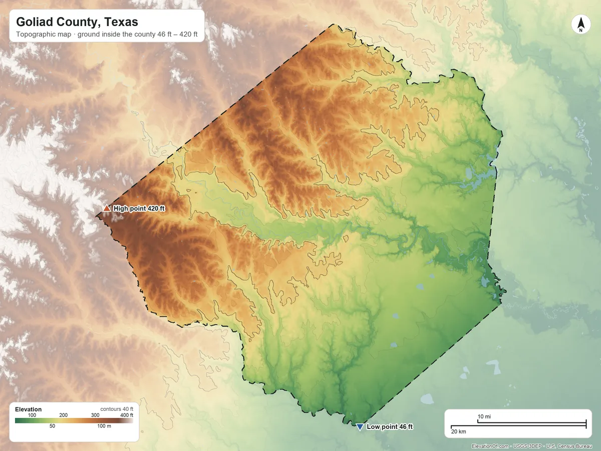 Topographic elevation map of Goliad County, Texas, shaded from 46 ft on the south side to 420 ft on the west side