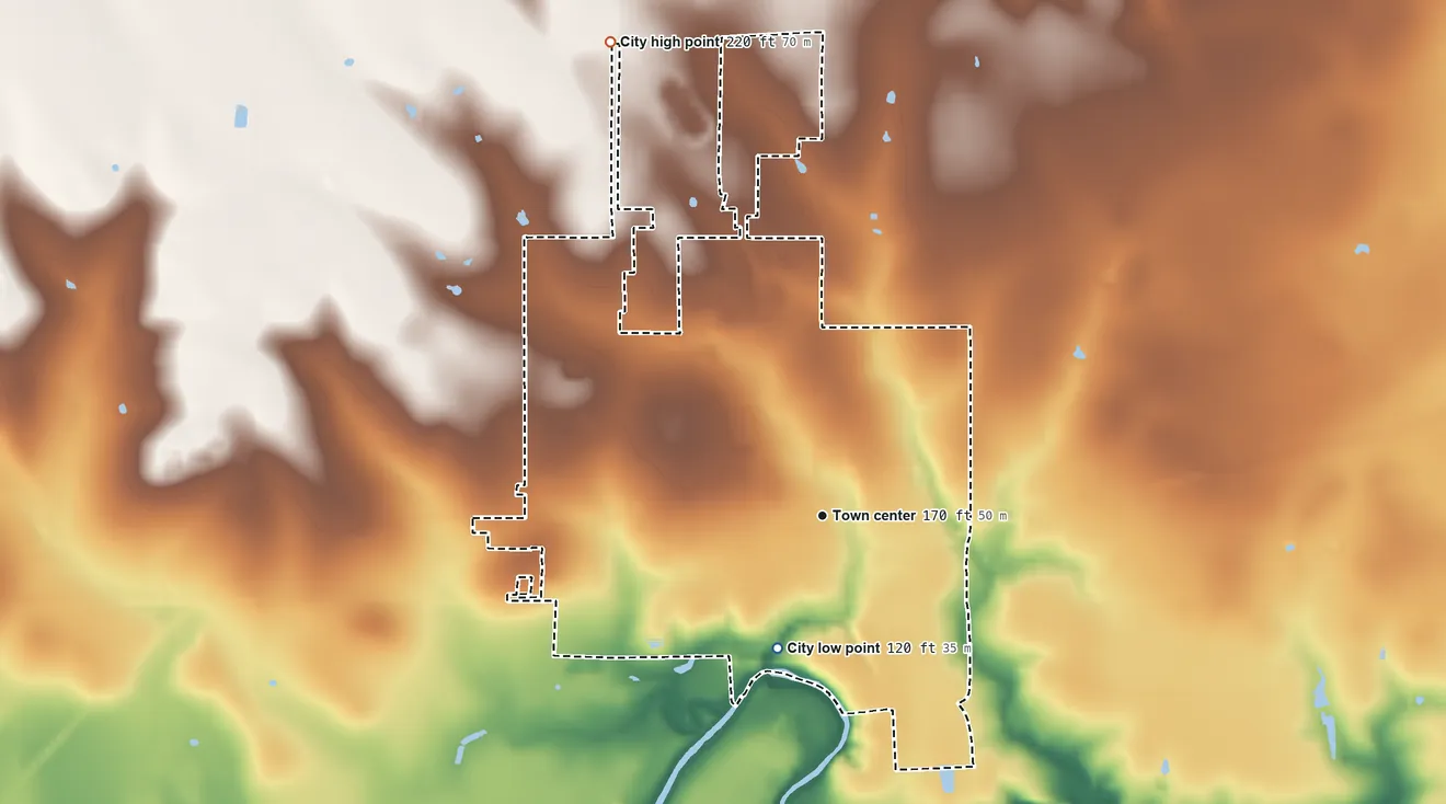 Topographic elevation map of Goliad, Texas, shaded from 120 ft on the south side to 220 ft on the northwest side