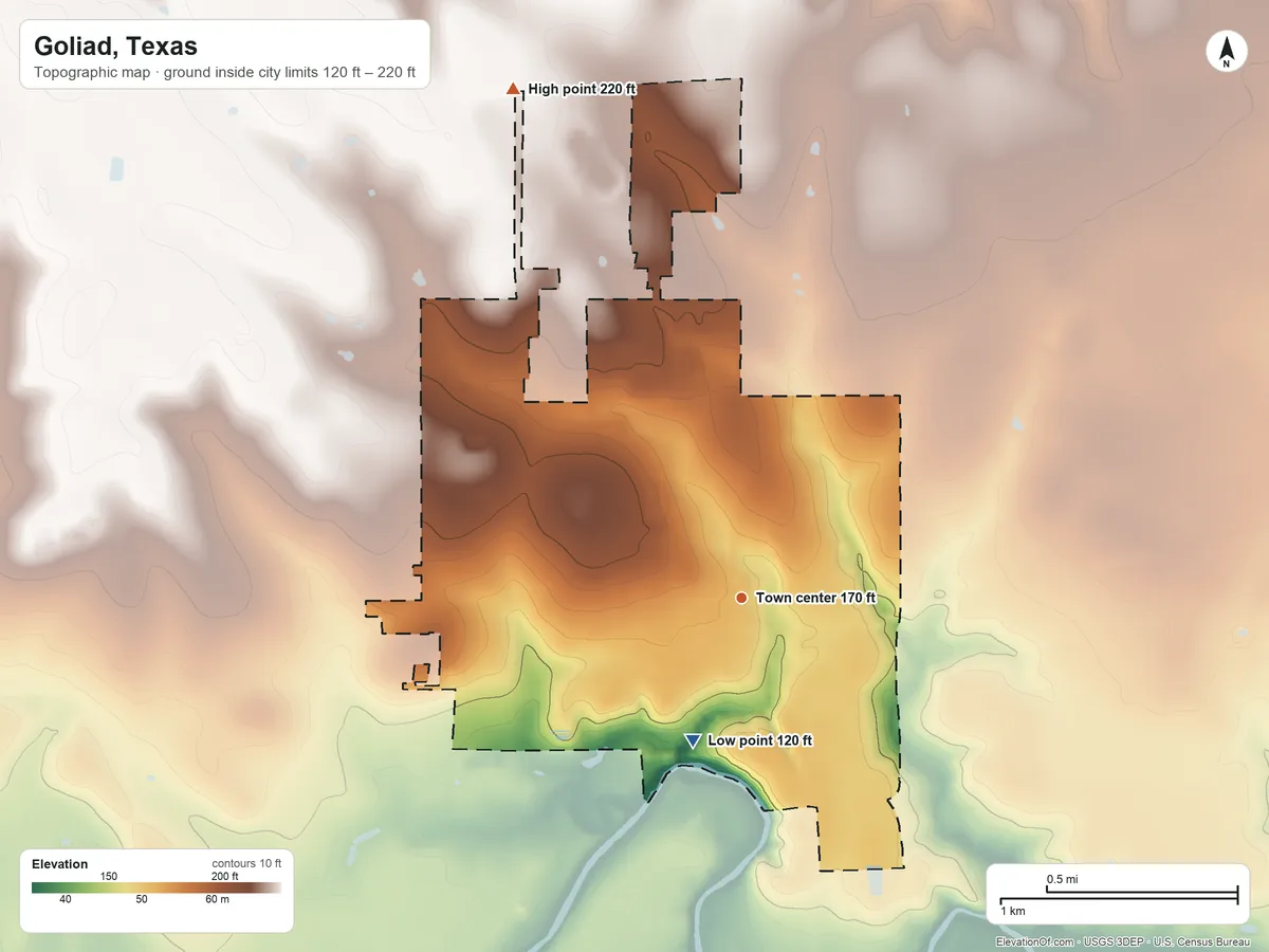 Topographic elevation map of Goliad, Texas, shaded from 120 ft on the south side to 220 ft on the northwest side