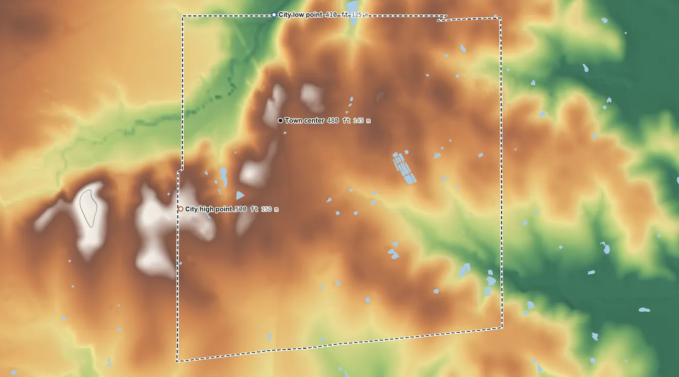 Topographic elevation map of Golinda, Texas, shaded from 410 ft on the north side to 500 ft on the southwest side