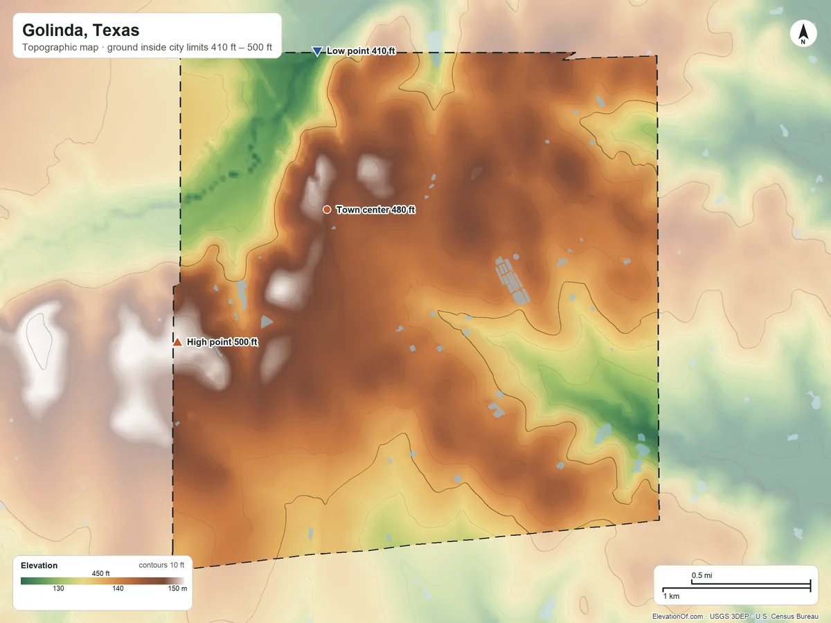 Topographic elevation map of Golinda, Texas, shaded from 410 ft on the north side to 500 ft on the southwest side