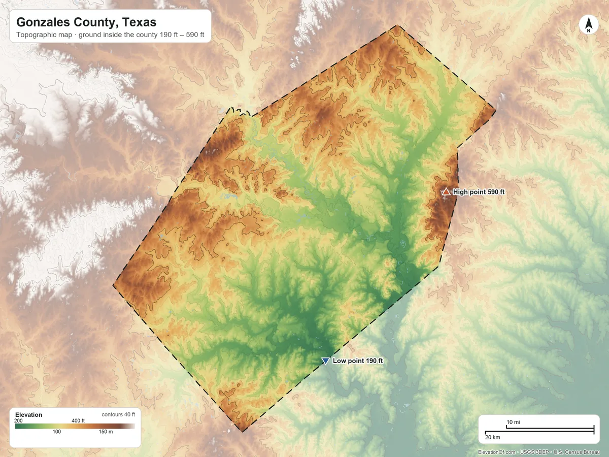 Topographic elevation map of Gonzales County, Texas, shaded from 190 ft on the south side to 590 ft on the east side