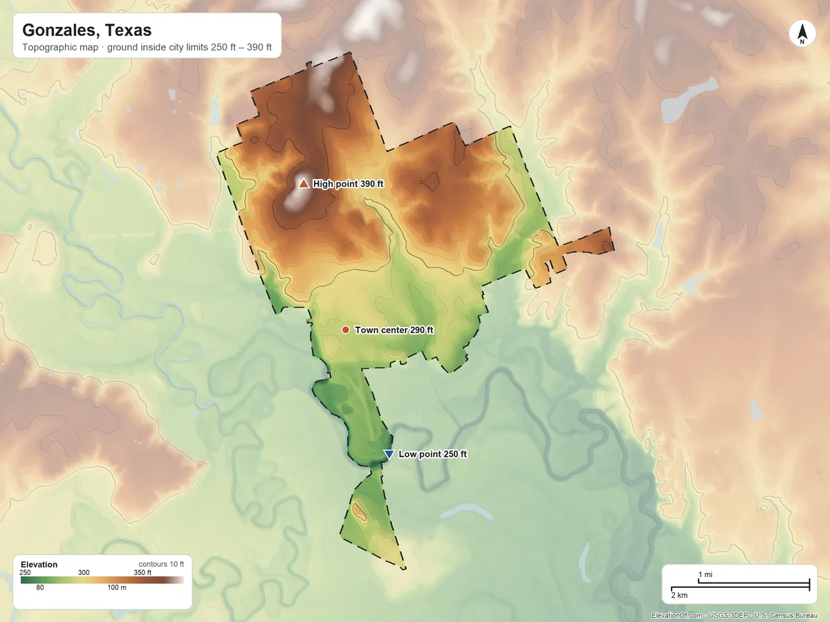 Topographic elevation map of Gonzales, Texas, shaded from 250 ft on the south side to 390 ft on the north side