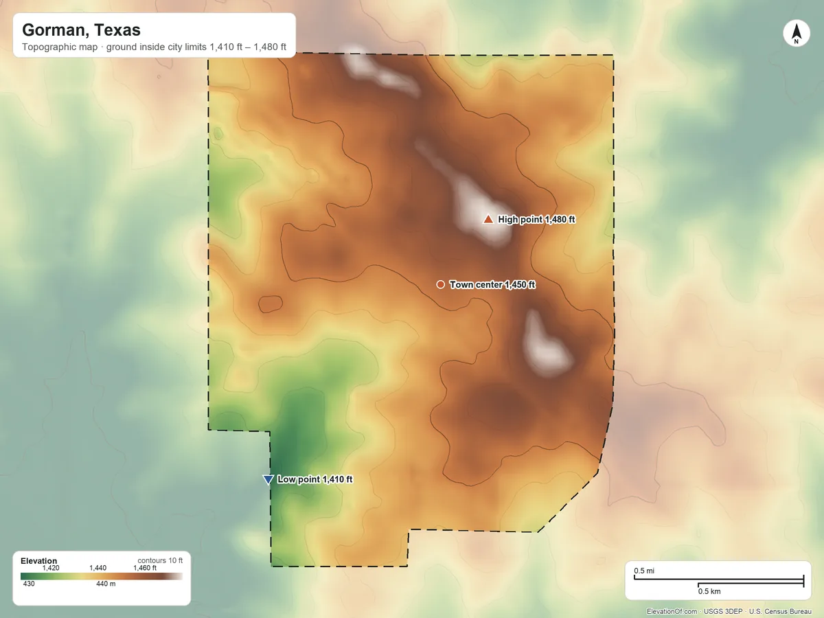 Topographic elevation map of Gorman, Texas, shaded from 1,410 ft on the southwest side to 1,480 ft on the northeast side
