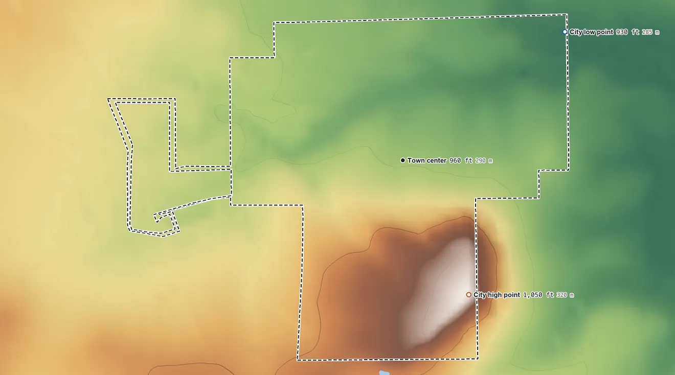 Topographic elevation map of Graford, Texas, shaded from 930 ft on the northeast side to 1,050 ft on the southeast side