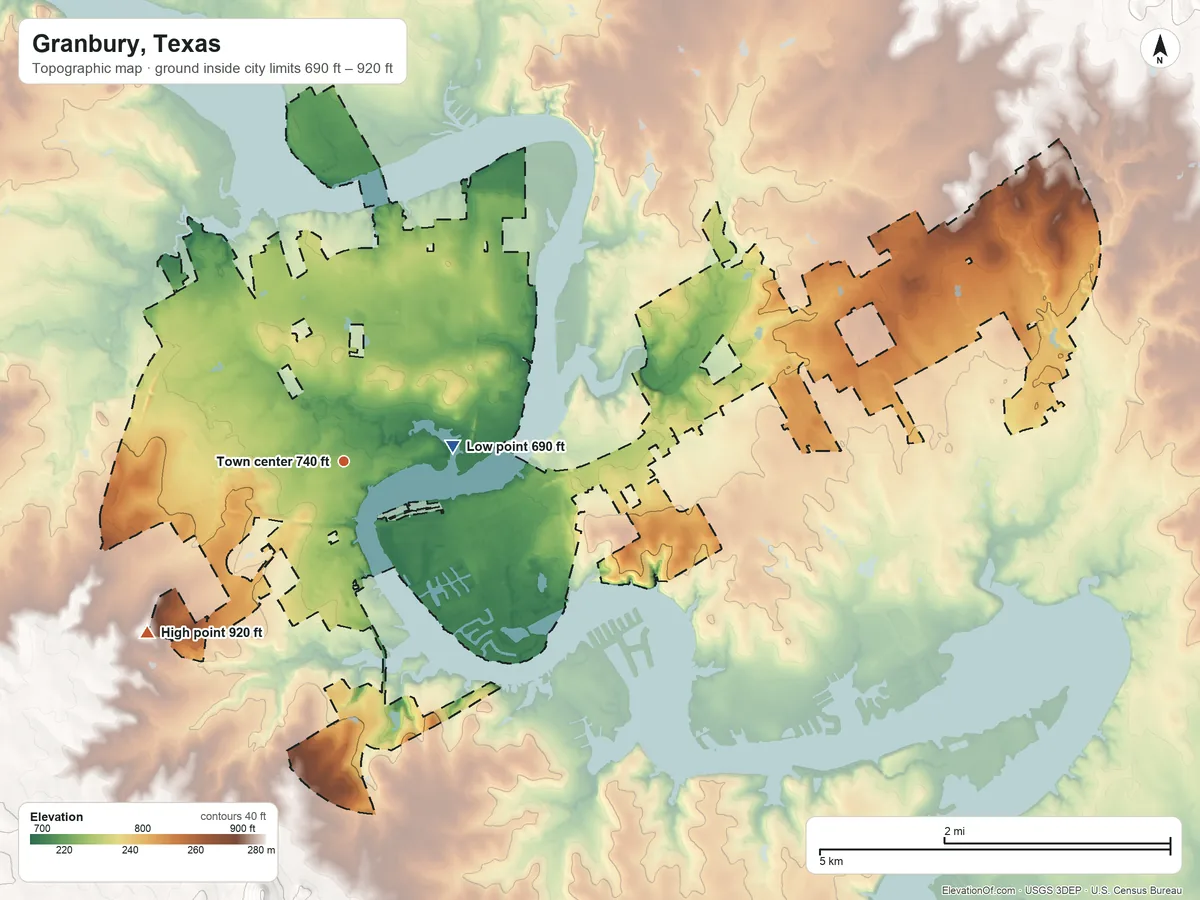 Topographic elevation map of Granbury, Texas, shaded from 690 ft near the middle to 920 ft on the southwest side