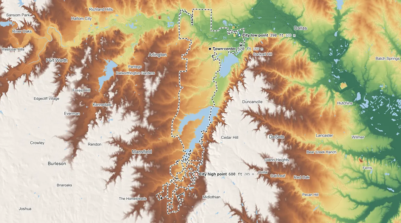 Topographic elevation map of Grand Prairie, Texas, shaded from 390 ft on the northeast side to 680 ft on the south side