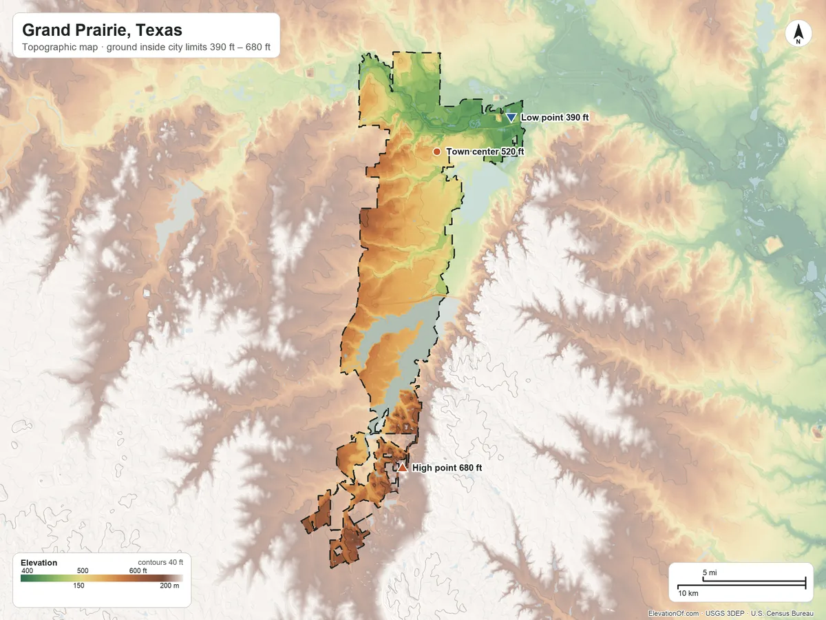 Topographic elevation map of Grand Prairie, Texas, shaded from 390 ft on the northeast side to 680 ft on the south side