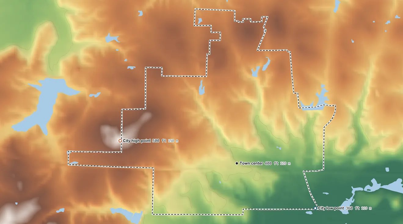Topographic elevation map of Grand Saline, Texas, shaded from 360 ft on the southeast side to 500 ft on the west side
