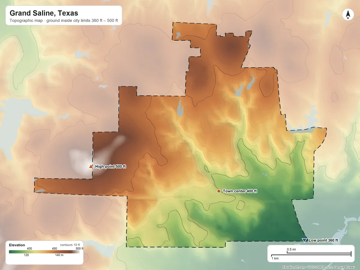Topographic elevation map of Grand Saline, Texas, shaded from 360 ft on the southeast side to 500 ft on the west side
