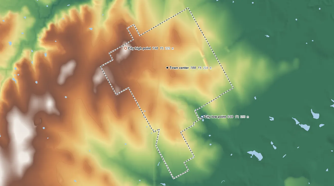 Topographic elevation map of Grandview, Texas, shaded from 640 ft on the southeast side to 740 ft on the northwest side