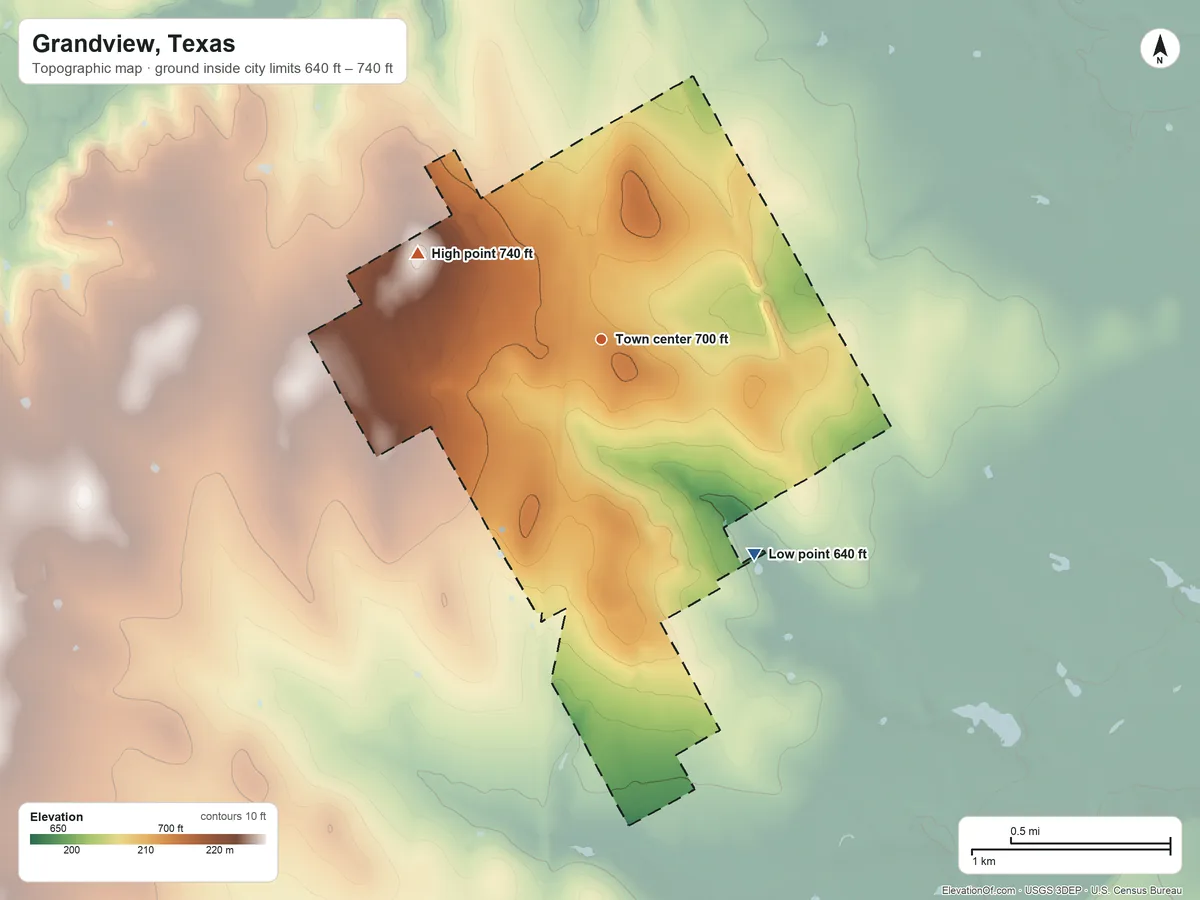 Topographic elevation map of Grandview, Texas, shaded from 640 ft on the southeast side to 740 ft on the northwest side