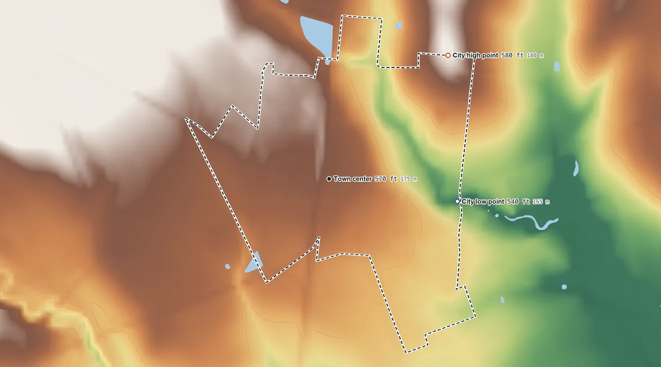 Topographic elevation map of Granger, Texas, shaded from 540 ft on the east side to 580 ft on the northeast side