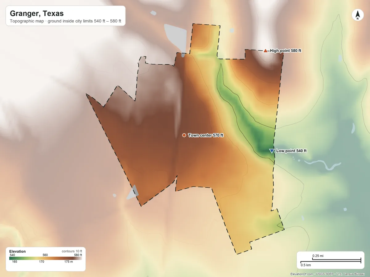 Topographic elevation map of Granger, Texas, shaded from 540 ft on the east side to 580 ft on the northeast side