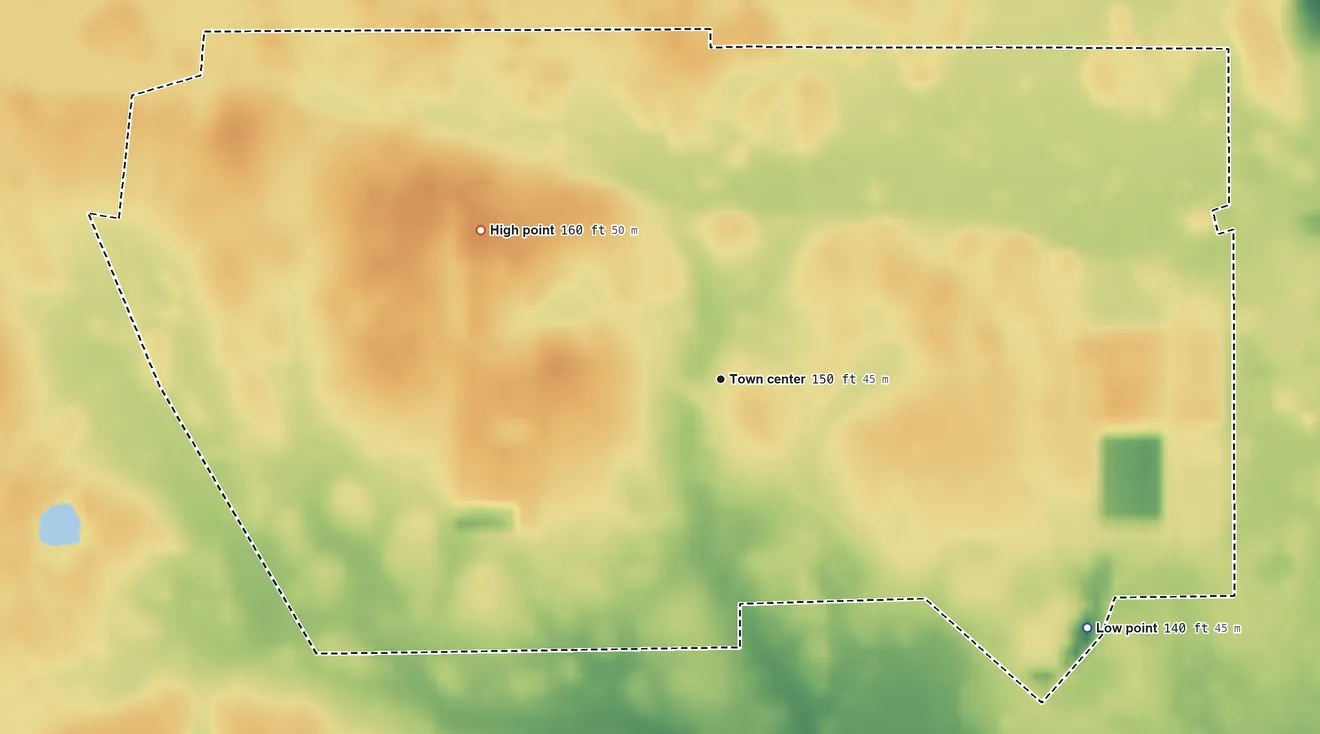 Topographic elevation map of Grangerland, Texas, shaded from 140 ft on the southeast side to 160 ft on the northwest side