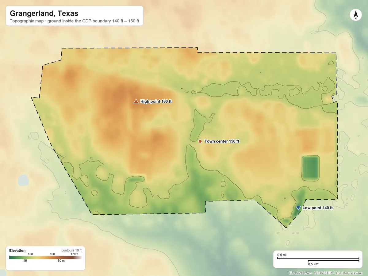 Topographic elevation map of Grangerland, Texas, shaded from 140 ft on the southeast side to 160 ft on the northwest side