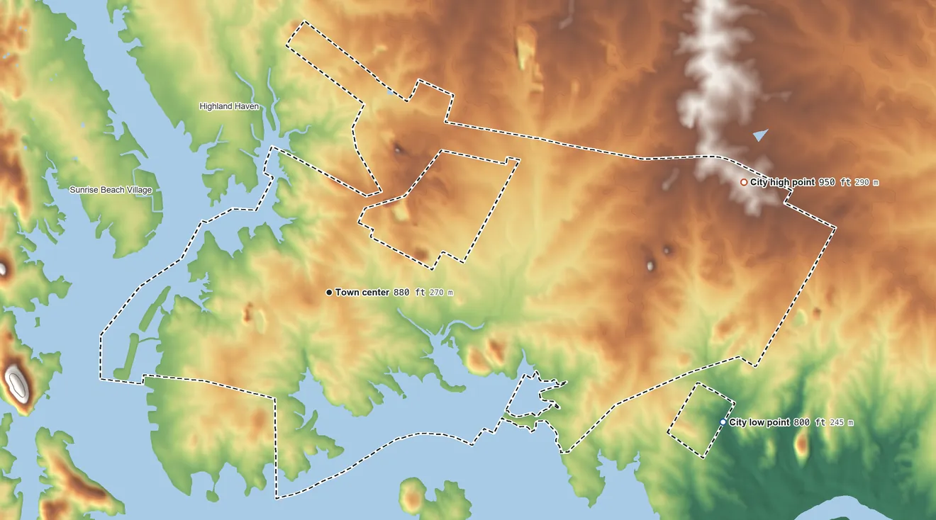 Topographic elevation map of Granite Shoals, Texas, shaded from 800 ft on the east side to 950 ft on the east side