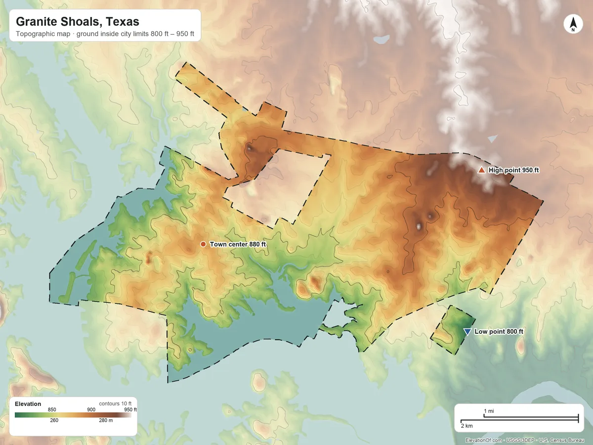 Topographic elevation map of Granite Shoals, Texas, shaded from 800 ft on the east side to 950 ft on the east side