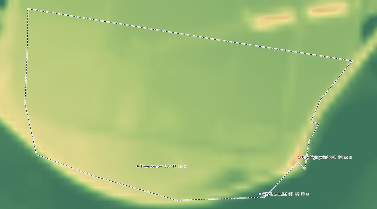 Topographic elevation map of Granjeno, Texas, shaded from 99 ft on the east side to 110 ft on the east side