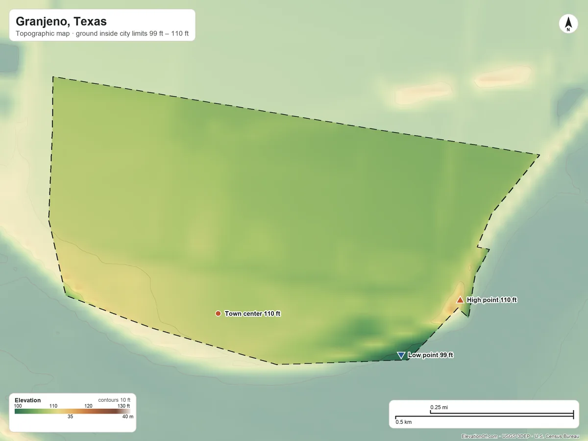 Topographic elevation map of Granjeno, Texas, shaded from 99 ft on the east side to 110 ft on the east side