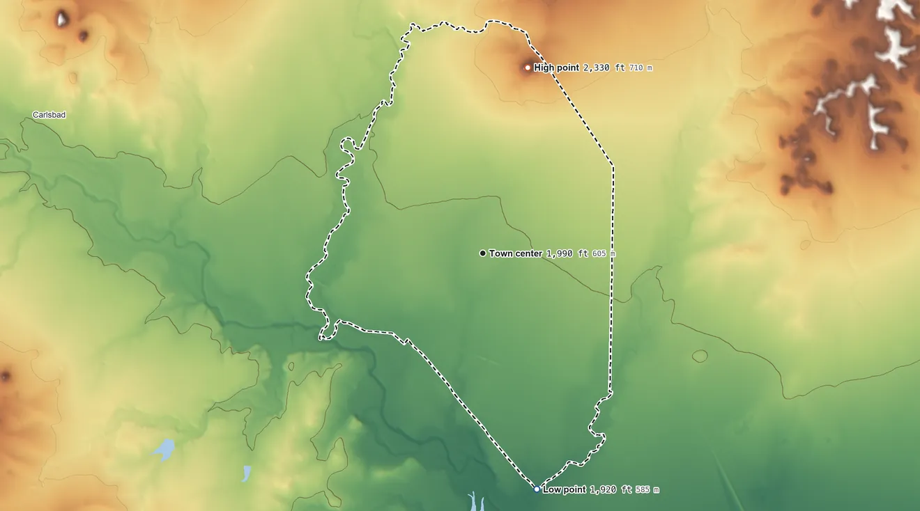 Topographic elevation map of Grape Creek, Texas, shaded from 1,920 ft on the south side to 2,330 ft on Mount Nebo