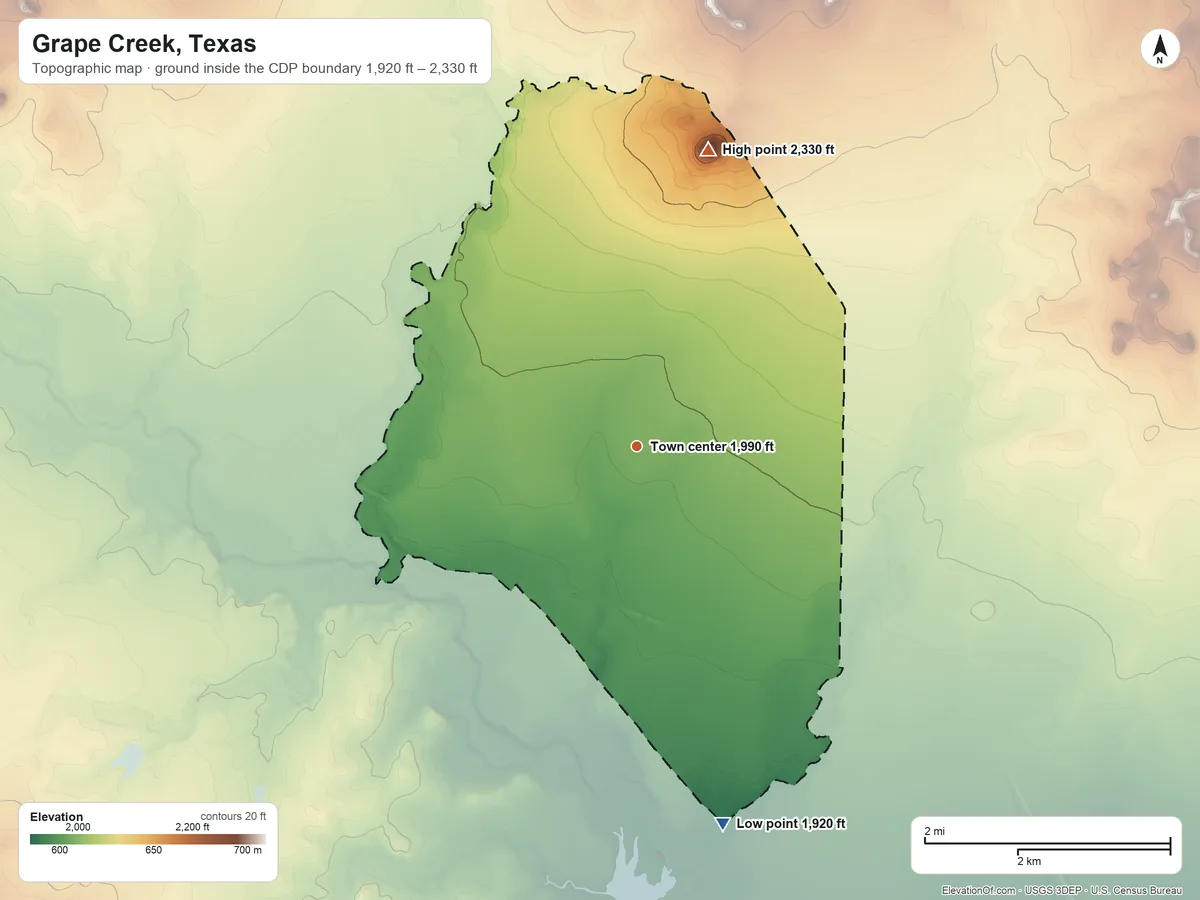 Topographic elevation map of Grape Creek, Texas, shaded from 1,920 ft on the south side to 2,330 ft on Mount Nebo