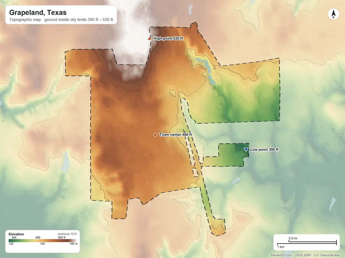 Topographic elevation map of Grapeland, Texas, shaded from 390 ft on the east side to 530 ft on the north side