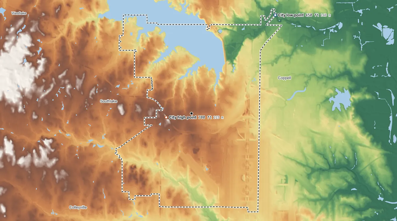 Topographic elevation map of Grapevine, Texas, shaded from 450 ft on the northeast side to 700 ft near the middle