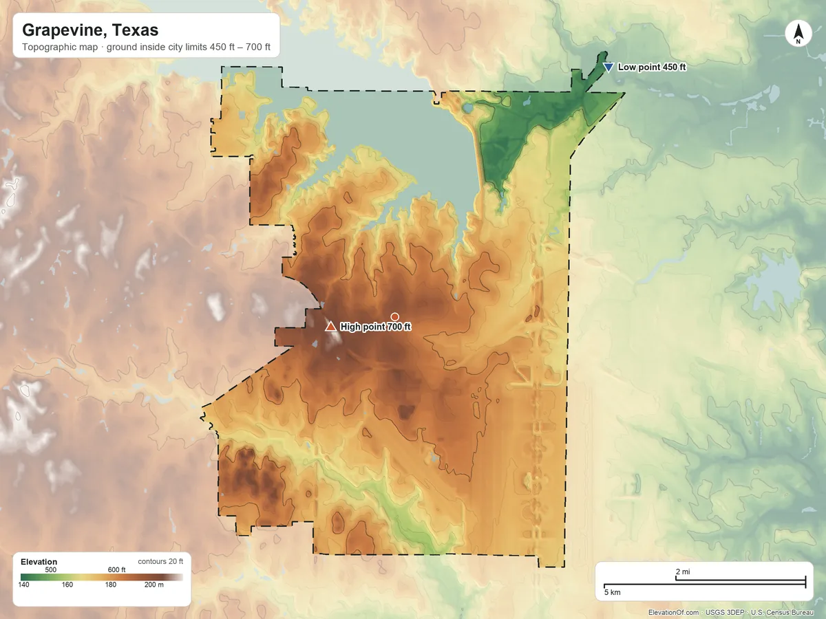 Topographic elevation map of Grapevine, Texas, shaded from 450 ft on the northeast side to 700 ft near the middle