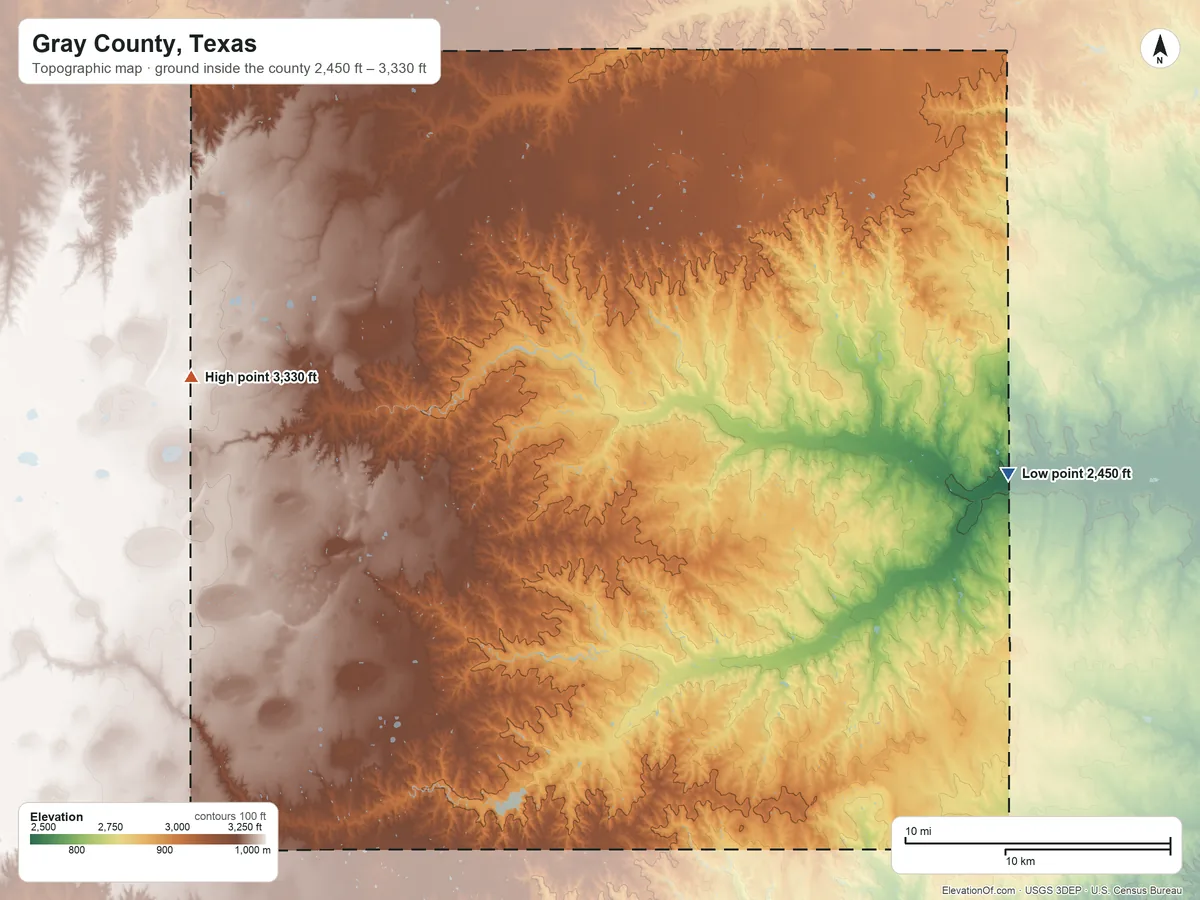 Topographic elevation map of Gray County, Texas, shaded from 2,450 ft on the east side to 3,330 ft on the west side