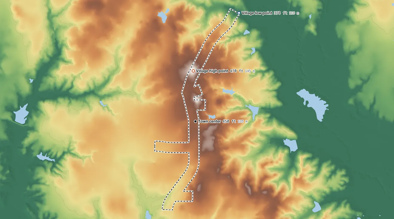 Topographic elevation map of Grays Prairie, Texas, shaded from 370 ft on the north side to 470 ft on the north side