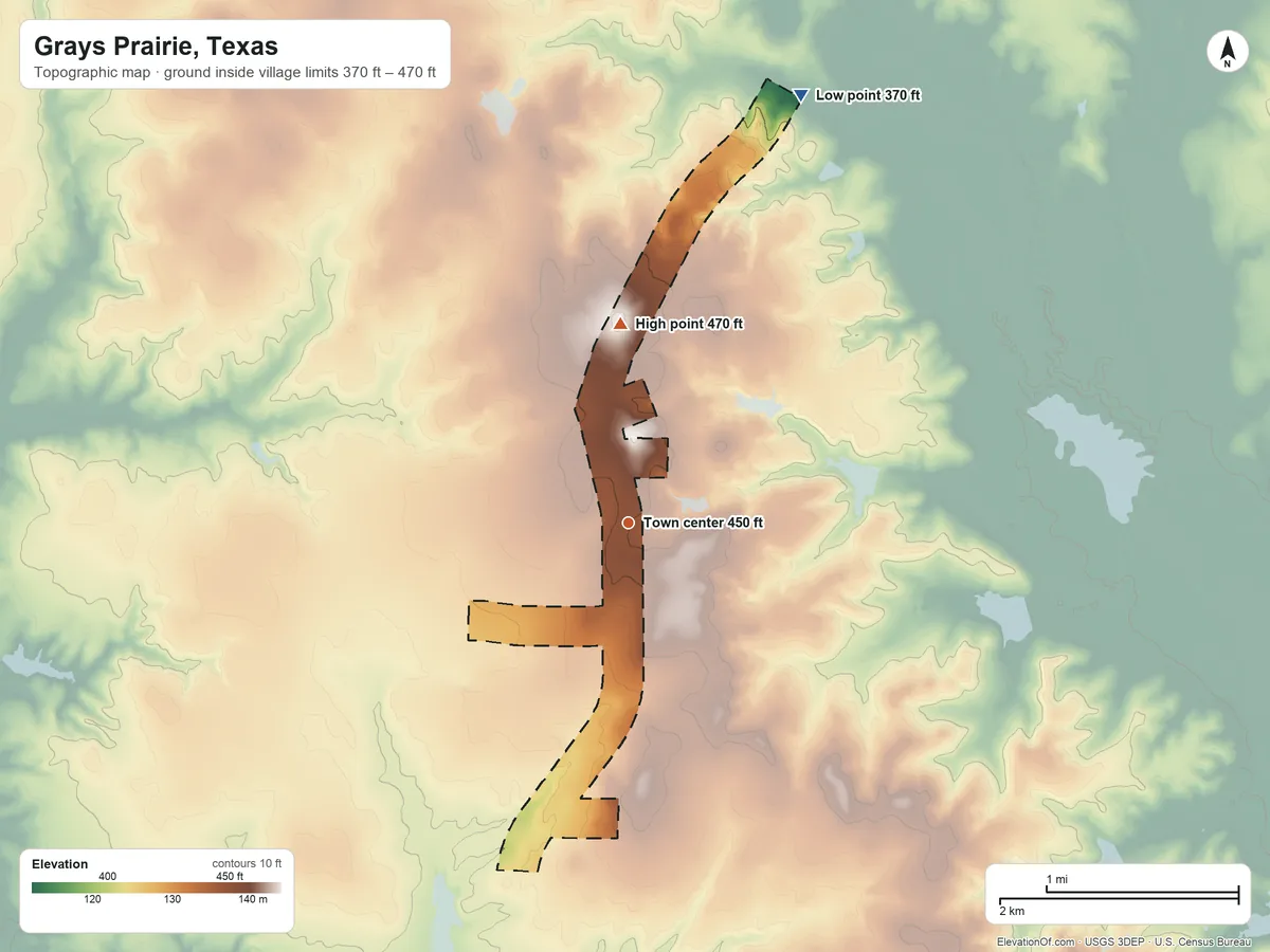 Topographic elevation map of Grays Prairie, Texas, shaded from 370 ft on the north side to 470 ft on the north side