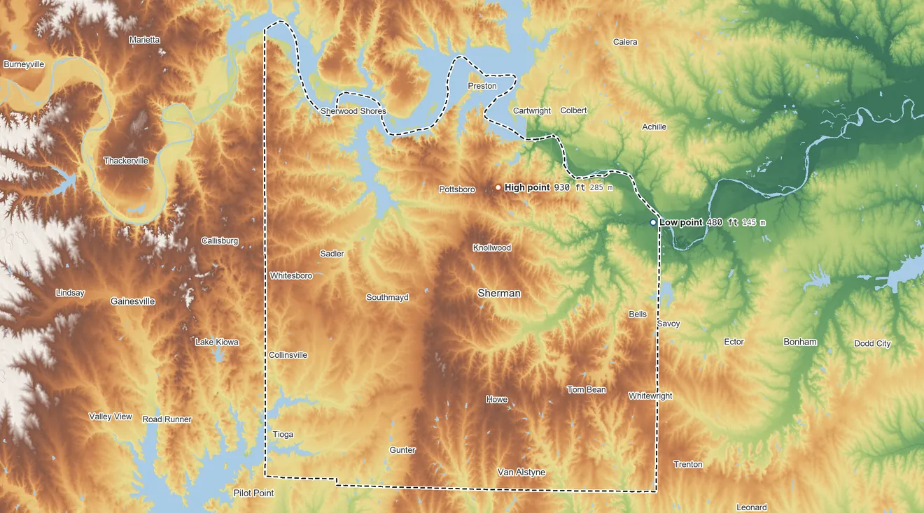 Topographic elevation map of Grayson County, Texas, shaded from 480 ft on the east side to 930 ft on the northeast side
