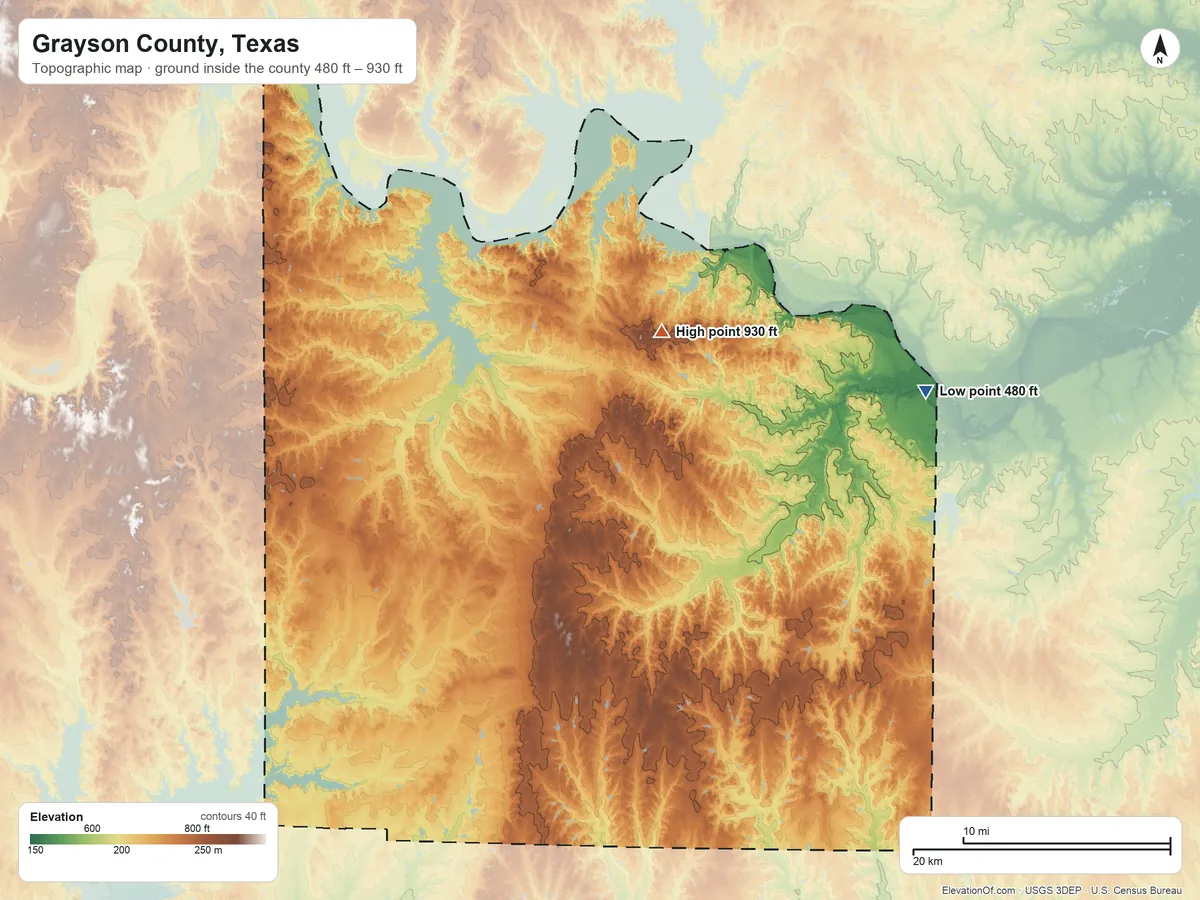 Topographic elevation map of Grayson County, Texas, shaded from 480 ft on the east side to 930 ft on the northeast side