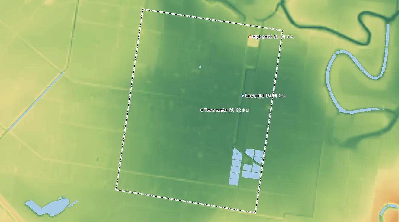Topographic elevation map of Green Valley Farms, Texas, shaded from 18 ft on the east side to 31 ft on the northeast side