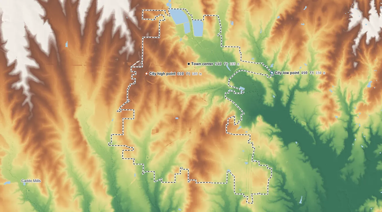 Topographic elevation map of Greenville, Texas, shaded from 490 ft on the east side to 610 ft on the west side