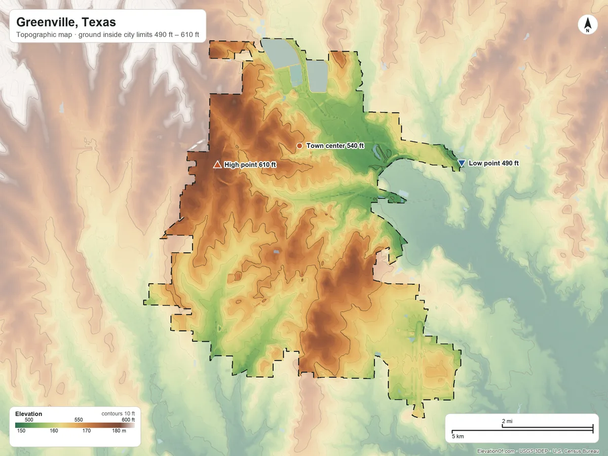 Topographic elevation map of Greenville, Texas, shaded from 490 ft on the east side to 610 ft on the west side