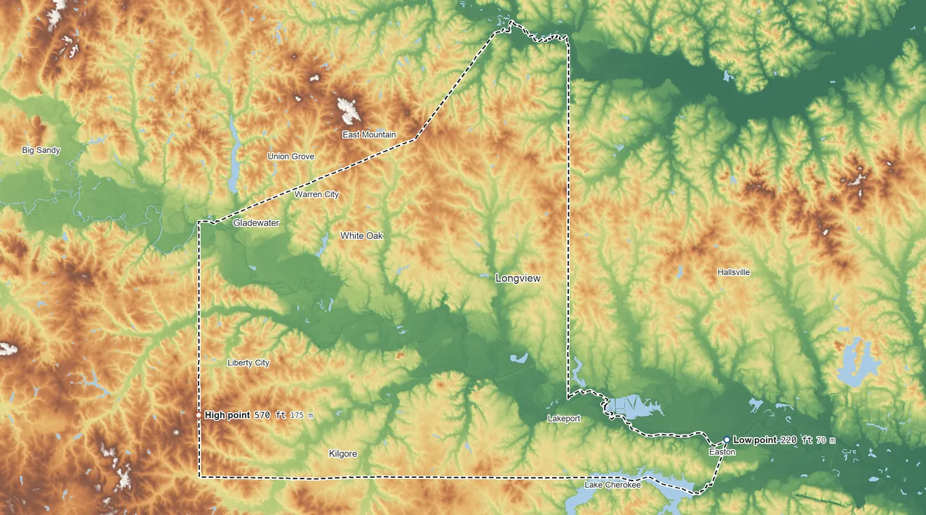 Topographic elevation map of Gregg County, Texas, shaded from 220 ft on the southeast side to 570 ft on the southwest side