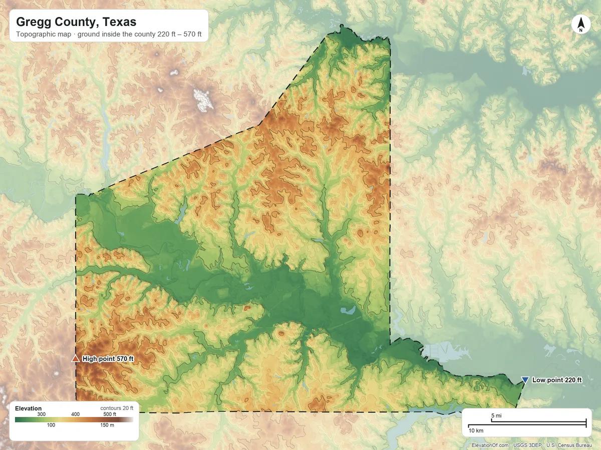 Topographic elevation map of Gregg County, Texas, shaded from 220 ft on the southeast side to 570 ft on the southwest side
