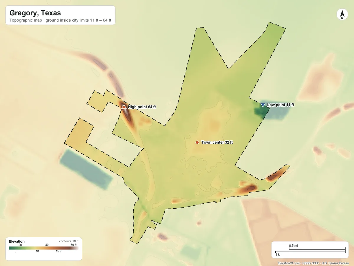 Topographic elevation map of Gregory, Texas, shaded from 11 ft on the northeast side to 64 ft on the northwest side