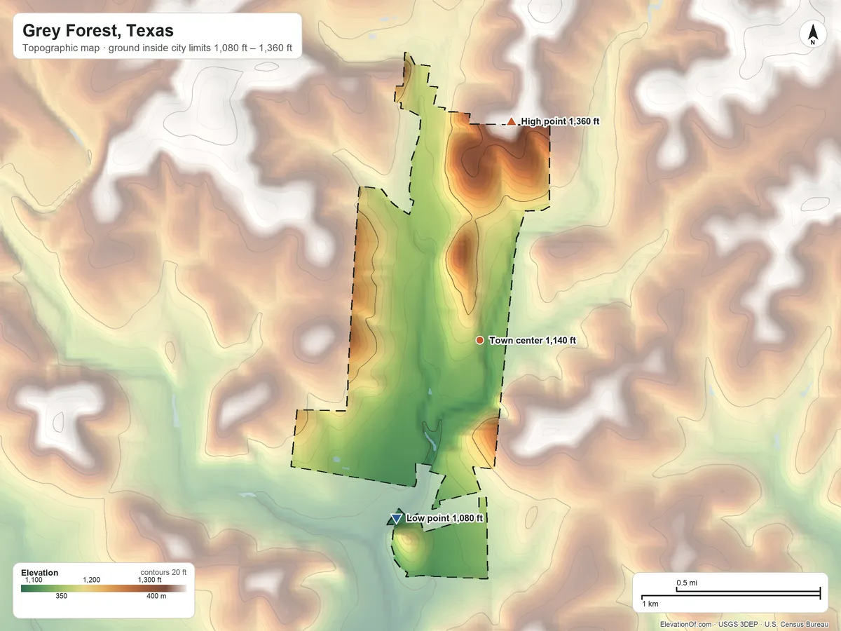 Topographic elevation map of Grey Forest, Texas, shaded from 1,080 ft on the southwest side to 1,360 ft on the north side