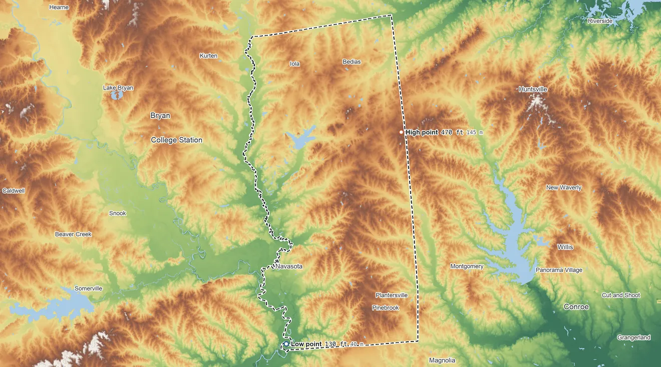 Topographic elevation map of Grimes County, Texas, shaded from 130 ft on the south side to 470 ft on the northeast side