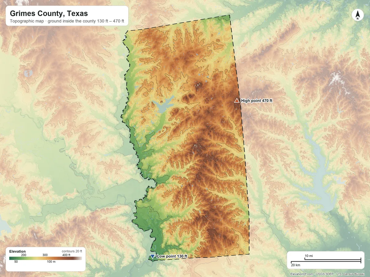 Topographic elevation map of Grimes County, Texas, shaded from 130 ft on the south side to 470 ft on the northeast side